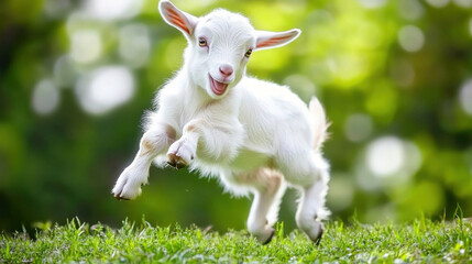 Fototapeta premium playful baby goat jumping in green field, full of joy and energy