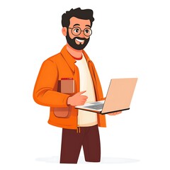 Cartoon sales guy with a laptop and a product demo on the screen on a white background.