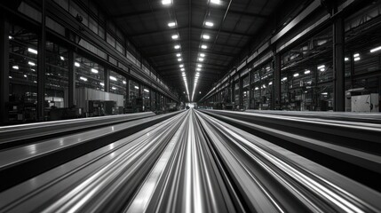 Obraz premium A perspective view of an industrial space with metallic beams and bright overhead lights.