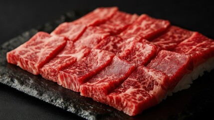 Thin Slices of Wagyu Sushi on Black Slate Plate