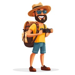 Cartoon tourist with a souvenir bag on a white background