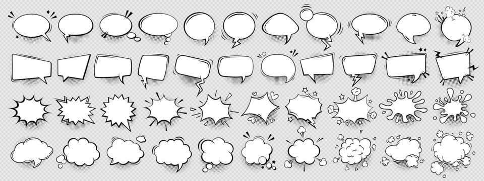 Empty comic speech bubble, business text message frame, cartoon balloon, dialogue chat box, vintage cloud, doodle sticker and communication idea symbol collection with halftone shadow. Quote bubble.