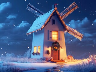 A snow-covered windmill cottage decorated for Christmas, illuminated at night.