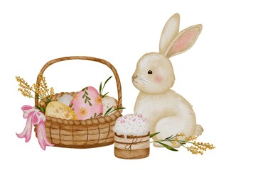 Funny Rabbit Cartoon: Isolated Easter Basket Scene with Flowers and Colorful Eggs