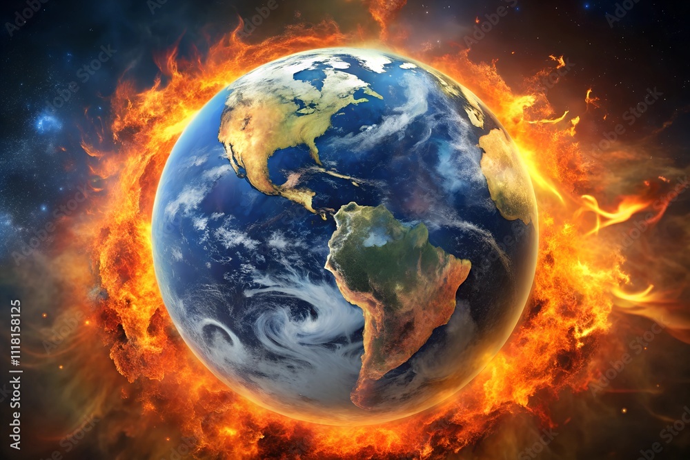 Poster the world burning. planet earth and the global warming challenge. generated with artificial intellig