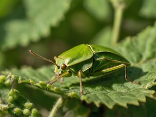 Green insect on a vibrant green leaf