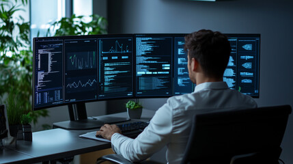 A modern home office setup with a man focused on an online training session, with AI-powered tools assisting in real-time data visualization on his screen