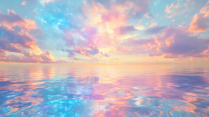 Naklejka premium Milky, aether scene, translucent, glitterethereal, goddenss muse, background saltwatercrystal clear, water reflections, pastel colors. holographic, style prism. ai generative. Aether. Illustration