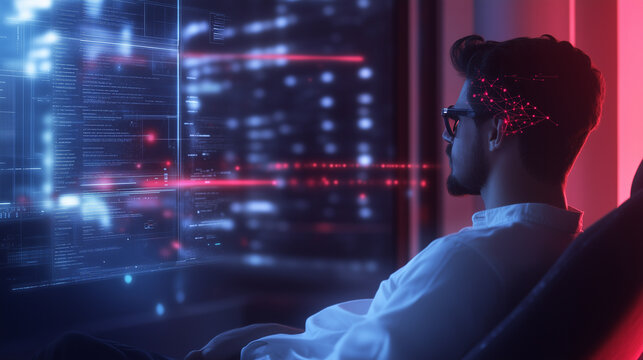 A dynamic scene of a man participating in an internet-based e-learning class, with AI-powered graphics enhancing his understanding of the material