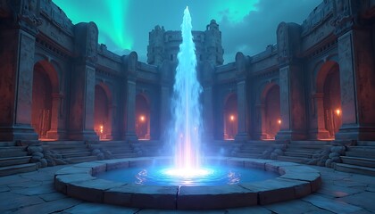 Obraz premium A magical temple with a fountain radiating colorful aurora lights