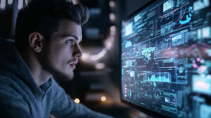 Fototapeta premium A visually rich environment of a man navigating an online education portal, with AI-driven animations explaining complex topics on his screen