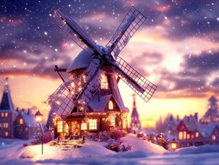 Snow-covered windmill in a charming winter village at sunset, illuminated with fairy lights.