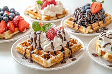 An assortment of waffles presented on plates with strawberries, blueberries and whipped cream