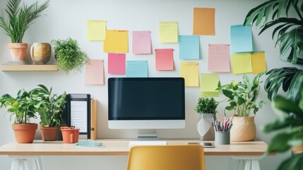 Colorful Sticky Notes on Creative Workspace Wall