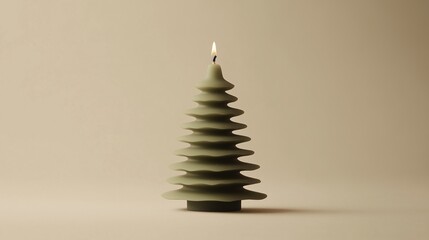 Obraz premium Green Christmas tree candle with flame on beige background
