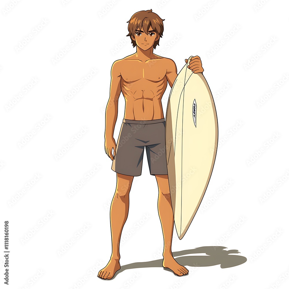 Wall mural Anime surfer holding a surfboard on a white background