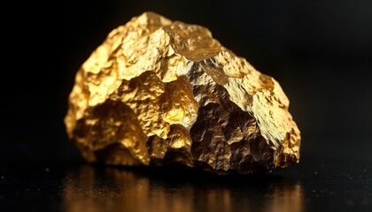 Large gold nugget with rough texture sits on dark surface. Precious mineral looks luxurious, valuable. Illustrates wealth, investment. Potentially discovery treasure find. Image suitable for