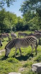 Herd of Zebras Grazing Peacefully in a Meadow