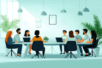Office team sits around table in meeting room. Employees discuss project. Modern workplace scene. Teamwork and collaboration. Positive company culture.