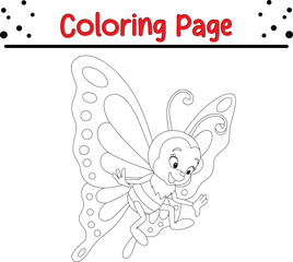 Cute and happy Butterfly coloring page for kids. Black and white Moth coloring book page.