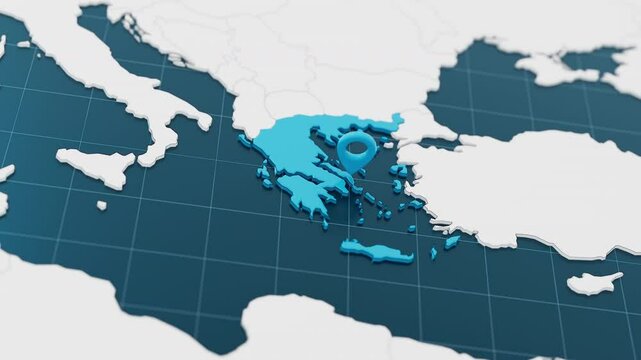 Highlight with blue of Greece 3d map with pointer pin surrounded with other countries in white. Europe political map with borders animation. 3d render