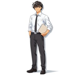 Obraz premium Anime sales guy in casual business wear, holding a presentation folder with marketing materials on a white background.