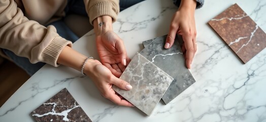 Interior designer, client choose marble for kitchen facades. Examine samples on marble table. Selecting best color for kitchen countertop home remodel. Pro designer gives advice on material choice.