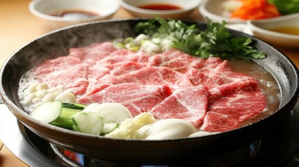 Fototapeta premium Delicious Japanese Hotpot with Fresh Ingredients