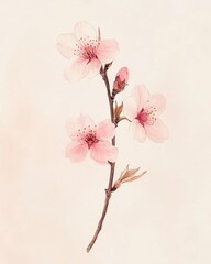A delicate watercolor illustration of pink cherry blossoms on a branch.