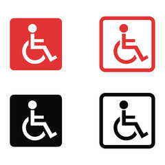 Handicapped sign on Wheelchair - Red Background. Wheelchair Accessibility Symbol - Red Outline. Accessibility Icon on Wheelchair - Black Background. Wheelchair Accessibility Symbol - Black Outline. 