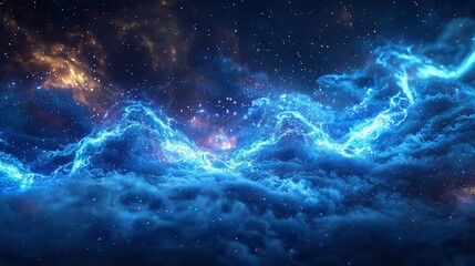 Obraz premium This image showcases dynamic digital waves representing a conceptual cyber network with deep blue tones and sparkling lights.