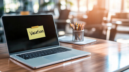 A laptop sits closed on a sleek wooden desk, with a sticky note saying "Vacation" placed on top, surrounded by minimalistic office decor