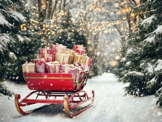 A red sleigh overflowing with Christmas gifts sits in a snowy, tree-lined path, illuminated by warm fairy lights and falling snow.