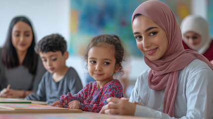 Smiling teacher and children bonding in a classroom