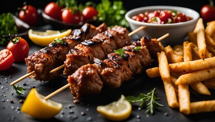 Grilled Chicken Skewers with French Fries and Sauce