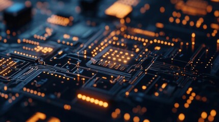 Close-up of a circuit board with glowing components and connections.