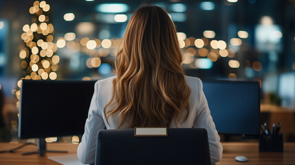 Rear view of a woman adjusting her nameplate on a desk in a sophisticated office setup, surrounded by blurred computers and vibrant office decor