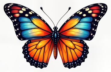 Fototapeta premium Vibrant butterfly in mid-flight. Colorful wings show intricate patterns. Generative AI art flying insect. Ideal for graphic design projects nature-themed prints. Beautiful illustration of vibrant