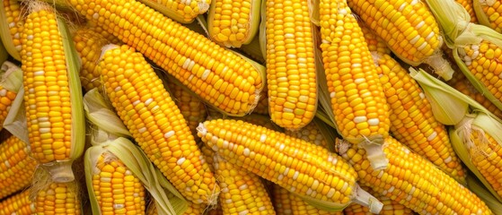 A close-up of vibrant yellow corn cobs with husks, showcasing the texture and rich color of fresh produce.