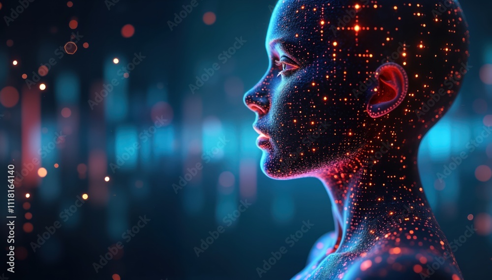Aufkleber digital face profile shows glowing dots forming human face. abstract design shows tech innovation. f