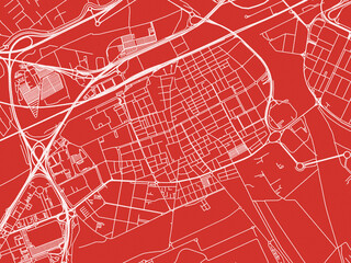 Christmas Map of El Prat de Llobregat, Spain in Snowy White on Festive Red Background.