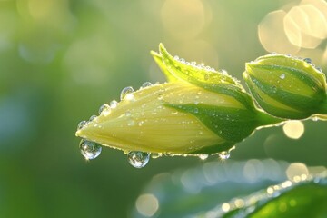 A close-up of a yellow flower bud with dew drops glistening.