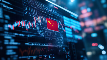 Obraz premium The Chinese flag flying high above a stock market trading floor, with digital screens showing financial data and international trade metrics