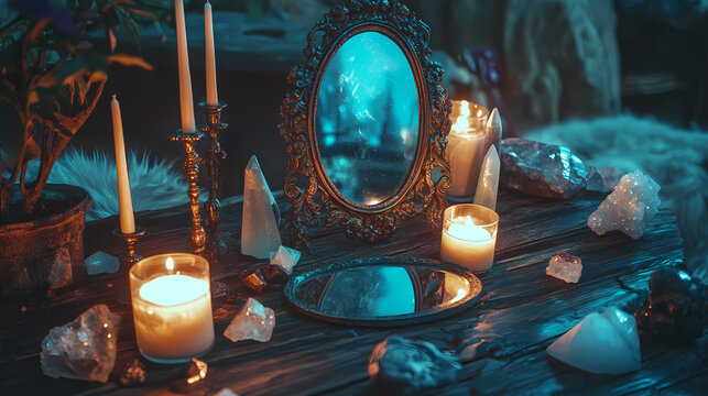 Enchanting scrying mirror setup with candles on wooden table surrounded by crystals for mystical and magical decor. Aether. Illustration