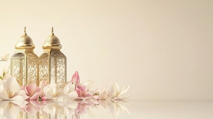 Minimalist beige background with Islamic decor featuring lanterns and a crescent moon and flowers, symbolic of the holy month of Ramadan.