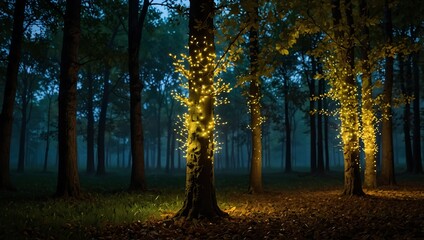 Fototapeta premium Enchanted Dusk: A Serene Forest Illuminated by Fairy Lights