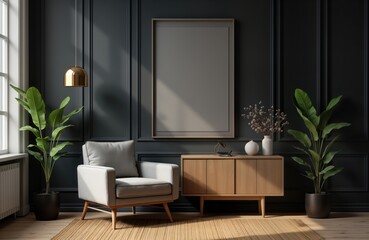 Modern living room interior black walls with wooden accents. Comfortable armchair, wooden console visible. Natural light, green plants add touch of warmth. Empty room suggests contemporary style.