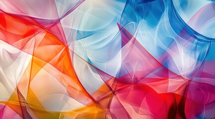 Abstract shapes and lines in shades of red, blue, pink, yellow, and white create an abstract background with geometric patterns
