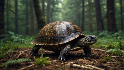 Obraz premium Journey Through the Forest: The Life of a Patterned-Shelled Turtle