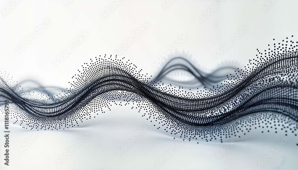 Poster Abstract 3d wave design. Dynamic black dots form wavy pattern on white background. Futuristic, modern style. Elegant, minimalist design. Suitable for tech science themes. Flowing effect. Abstract
